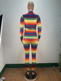 Party Sexy Raimbow Stripes Long Sleeve Bodycon Jumpsuit