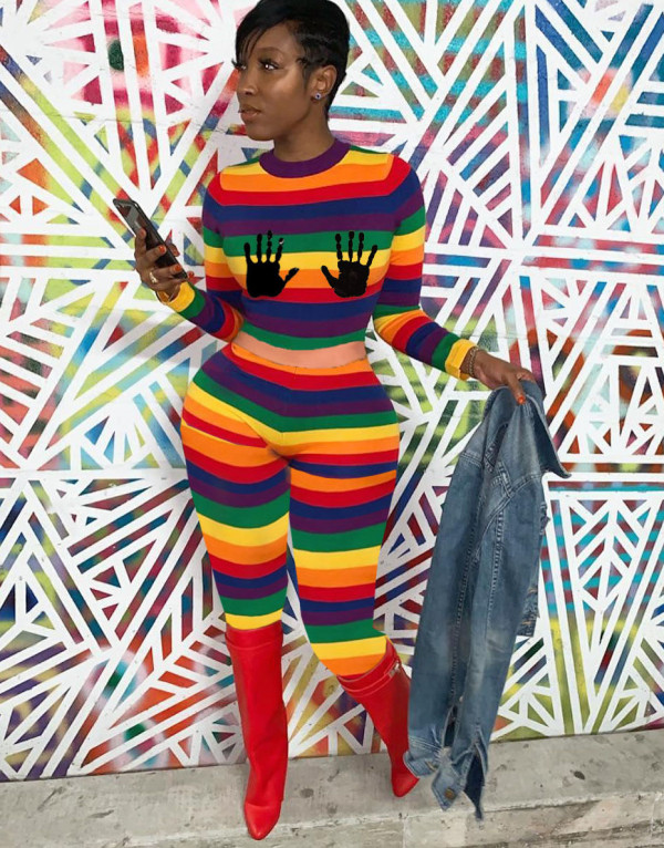 Party Sexy Raimbow Stripes Long Sleeve Bodycon Jumpsuit