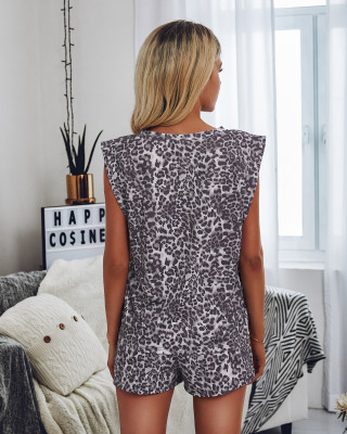 Summer Leopard Print Sleeveless Shirt and Shorts Lounge Set