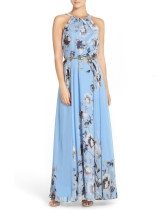 Summer Elegant Floral Halter Long Dress with Belt