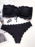 Two Piece Black Lace Up Strapless Swimwear
