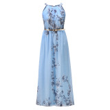 Summer Elegant Floral Halter Long Dress with Belt