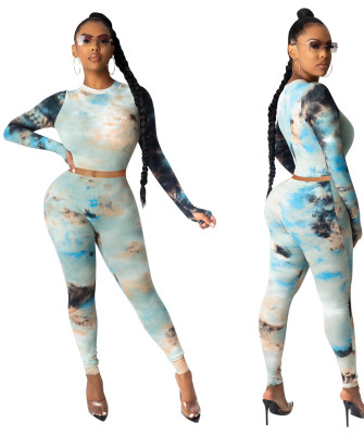 Sexy Two Piece Tie Dye Bodycon Crop Top and Pants Matching Set