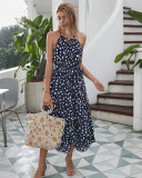 Summer Elegant Dot Print Halter Long Dress with Belt