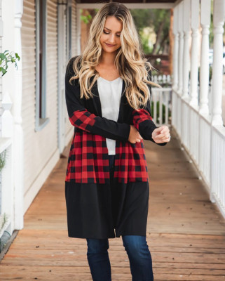 Spring Plaid Print Long Cardigans with Full Sleeves