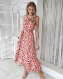 Summer Elegant Dot Print Halter Long Dress with Belt