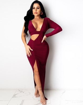 Sexy Front Slit Cut Out Long Party Dress with Single Sleeve