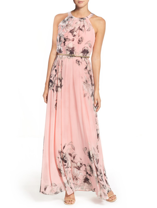 Summer Elegant Floral Halter Long Dress with Belt