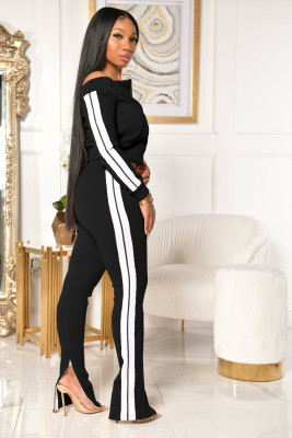 Casual Off Shoulder Zipped Crop Top and Slit Bottom Pants Matching Set