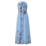 Summer Elegant Floral Halter Long Dress with Belt