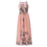 Summer Elegant Floral Halter Long Dress with Belt