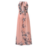 Summer Elegant Floral Halter Long Dress with Belt