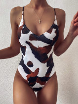 One Piece Print White Halter Swimsuit