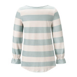 Spring Long Sleeve V-Neck Wide Stripes Loose Shirt