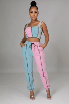 Matching Two Piece Contrast Wide Strap Crop Top and Sweatpants Set