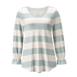 Spring Long Sleeve V-Neck Wide Stripes Loose Shirt