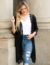 Spring Lace Patch Solid Plain Long Cardigans