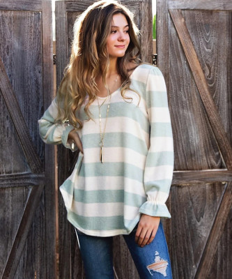 Spring Long Sleeve V-Neck Wide Stripes Loose Shirt