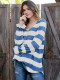 Spring Long Sleeve V-Neck Wide Stripes Loose Shirt