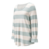 Spring Long Sleeve V-Neck Wide Stripes Loose Shirt