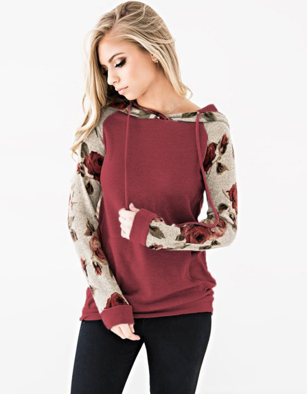 Casual Long Sleeve Hoody Shirt with Floral Sleeves