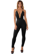 Solid Plain Sexy Deep-V Halter Bodycon Jumpsuit