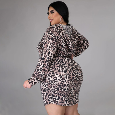 Plus Size Long Sleeve Leopard Hoody Bodycon Dress