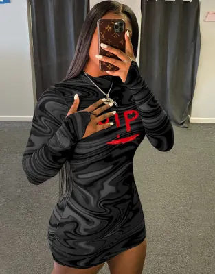 Sexy Print Black Long Sleeve Mini Club Dress