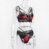 Sexy Lace Patch Contrast Velvet Bra and Panty Lingerie Set