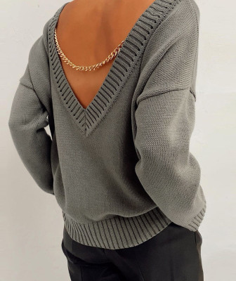 Spring V-Back Long Sleeve Loose Pullover Sweater