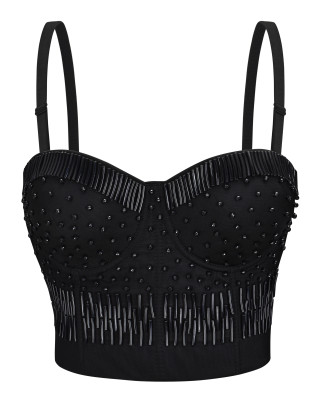 Party Sexy Black Beaded Strap Crop Top