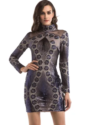 Formal Sequins Long Sleeve Turtleneck Mini Club Dress