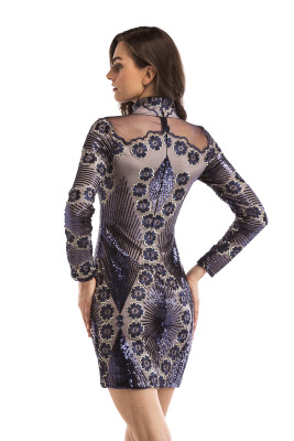 Formal Sequins Long Sleeve Turtleneck Mini Club Dress