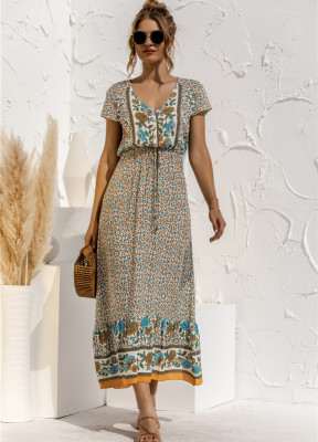 Summer Bohemian Print V-Neck Long Dress with Short Sleeves