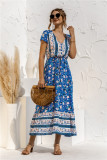 Summer Bohemian Print V-Neck Long Dress with Short Sleeves