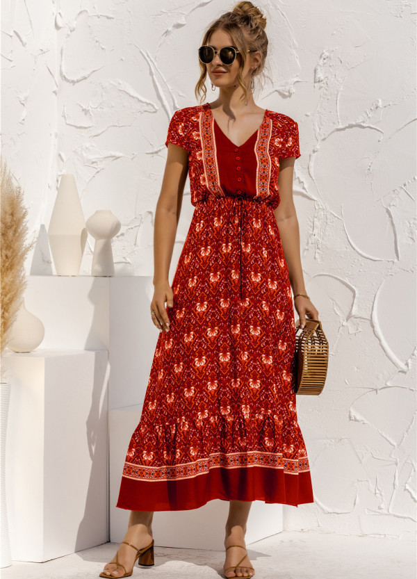 Summer Bohemian Print V-Neck Long Dress with Short Sleeves