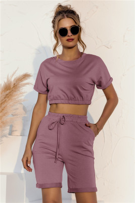 Summer Solid Color Crop Top and Shorts Lounge Set
