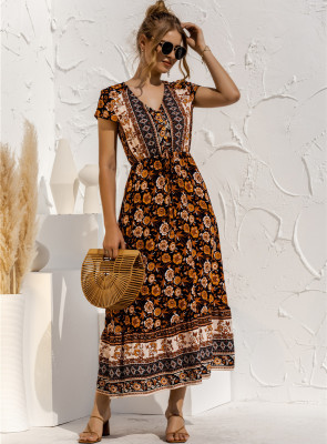 Summer Bohemian Print V-Neck Long Dress with Short Sleeves