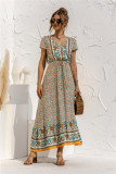 Summer Bohemian Print V-Neck Long Dress with Short Sleeves