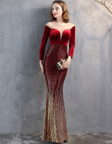 Formal Long Sleeve Patch Velvet Sequins Mermaid Evening Dress