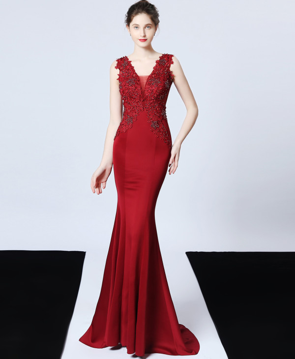 Formal Sleeveless V-Neck Beaded Mermaid Evening Dress