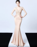 Formal Sleeveless V-Neck Beaded Mermaid Evening Dress