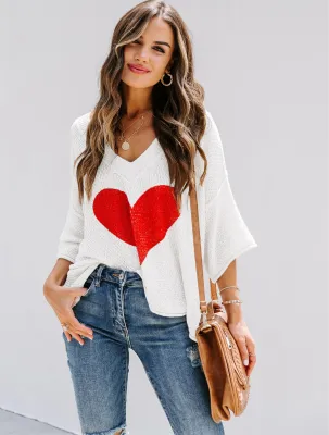 Casual V-Neck Bat Sleeve Heart Pullover Sweater