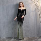 Formal Long Sleeve Patch Velvet Sequins Mermaid Evening Dress
