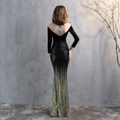 Formal Long Sleeve Patch Velvet Sequins Mermaid Evening Dress