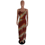 Summer Tiger Print Side Slit Elegant Halter Long Dress