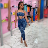 Party Tie Dye Blue Sexy Strap Crop Top and Pants Matching Set