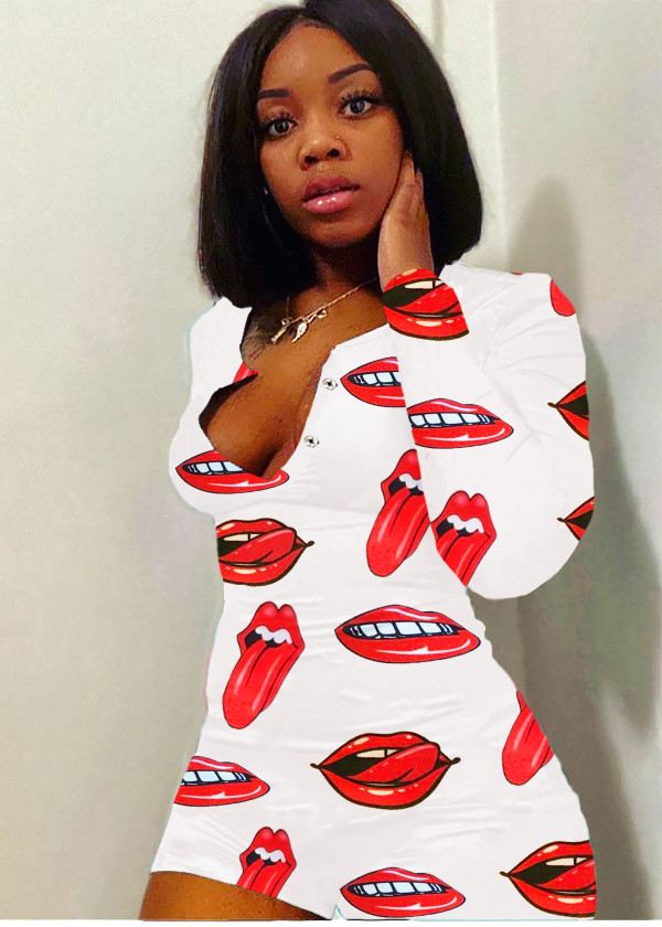 Long Sleeve Tongue Print Bodycon Rompers