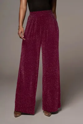 Formal Red Wide Legges High Waist Metallic Trousers