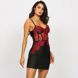 Sexy Red and Black Lace Patch Mid Night Strap Mini Dress
